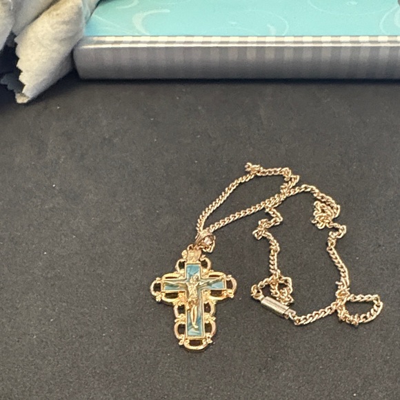 Vintage Gold and Blue Cross Pendant Necklace Made In Germany - Picture 9 of 9